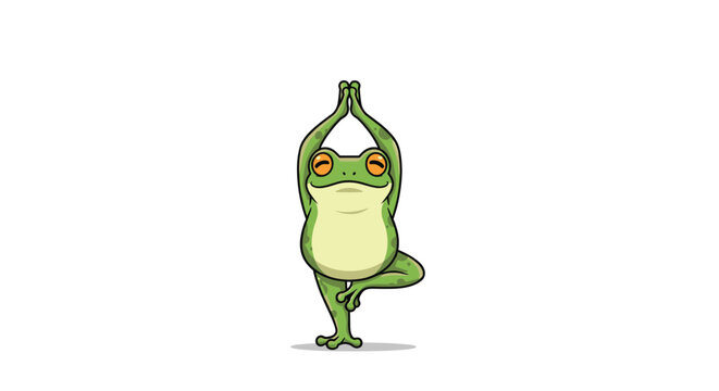 Cute green frog practicing the tree yoga pose with its hands joined above its head in a serene meditative state.