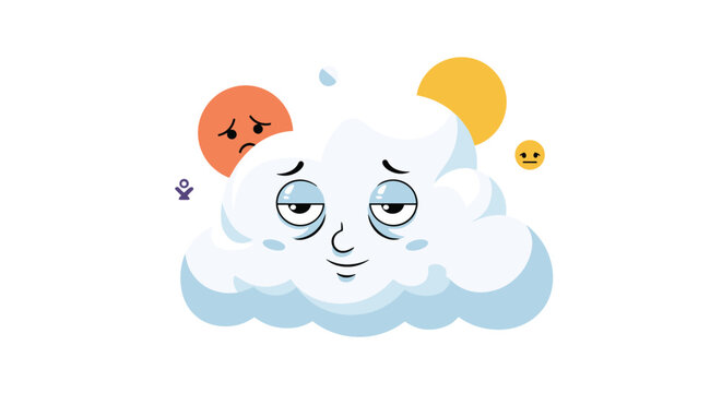 Cute character of a tired cloud with dark circles under its eyes looking sleepy and exhausted on a white background.