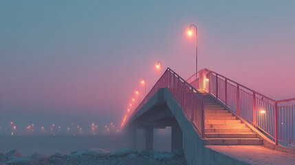 Naklejka premium Bridge with stair access and street lights shrouded in fog at dawn/dusk