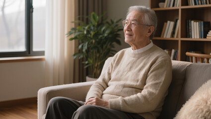 Obraz premium smiling elderly asian man with glasses sitting in armchair looking out window in cozy home living room retirement and peaceful lifestyle concept