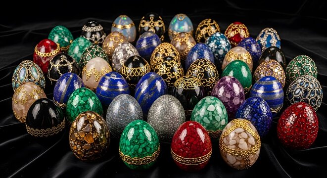 A stunning collection of ornate, jeweled decorative eggs, intricately designed and displayed on a dark fabric surface
