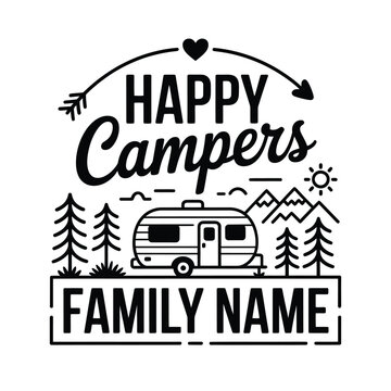 happy campers family name logo with camper trailer and trees