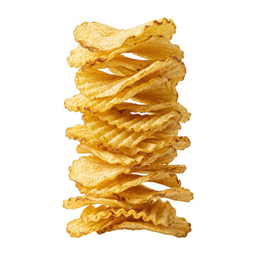 Stack of golden ridged potato chips isolated on dark black background