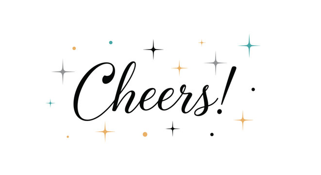 Cheers text in a sophisticated cursive script is surrounded by colorful stars and dots to celebrate a special occasion or event.