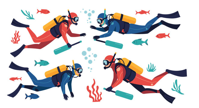 Four scuba divers swim underwater among colorful tropical fish, coral, and air bubbles in a vibrant and detailed marine illustration.