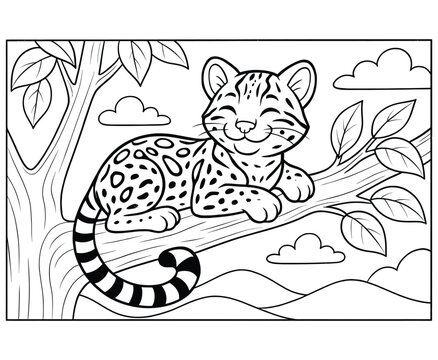 Cute cartoon ocelot cat rests on a tree branch with clouds and mountains in background.