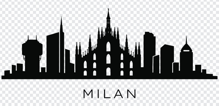 Black silhouette of milan city skyline with famous cathedral and buildings