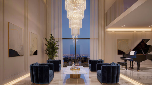Grand penthouse with crystal chandelier lighting.
​Luxury living room with grand piano.
​Modern interior featuring blue velvet chairs.
​High ceiling lounge with city view.
​Elegant marble floors 