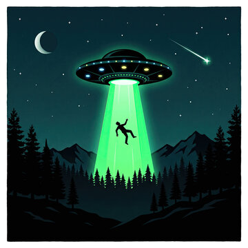 Alien spaceship abducts man with beam in forest near mountains at night