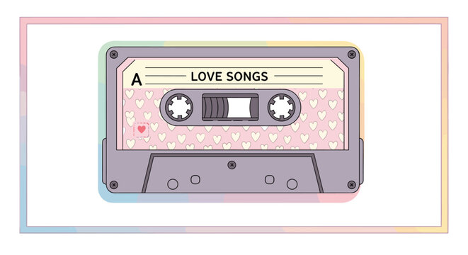 Vintage cassette tape labeled Love Songs with a pink heart pattern on the label and a colorful pastel border for a nostalgic music theme.