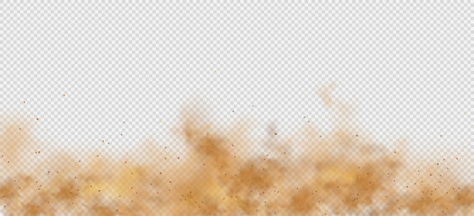 Naklejka premium Dust and sand blend with smoke into a desert cloud, producing a dramatic dirt effect. Brown flying particles move in air like a sandstorm, forming a dusty background texture, isolated and transparent