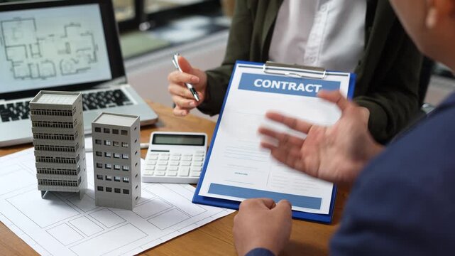 Considering buying a home, investing in real estate. Broker signs a sales agreement. agent, lease agreement, successful deal.