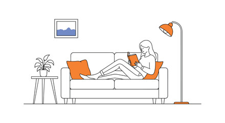 Fototapeta premium Young woman relaxing and reading a book while lying on a comfortable sofa in a cozy room with a plant, lamp, and picture on the wall.