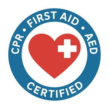 cpr first aid aed certified badge with red heart and cross