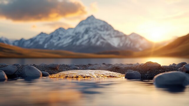 Surreal golden landscape with mountains and rivers of molten gold.
