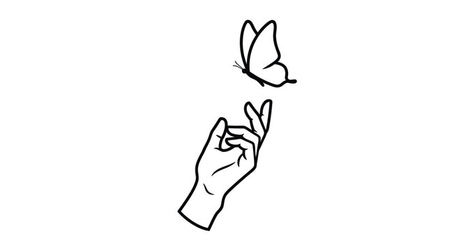 hand reaching towards butterfly silhouette on transparent background