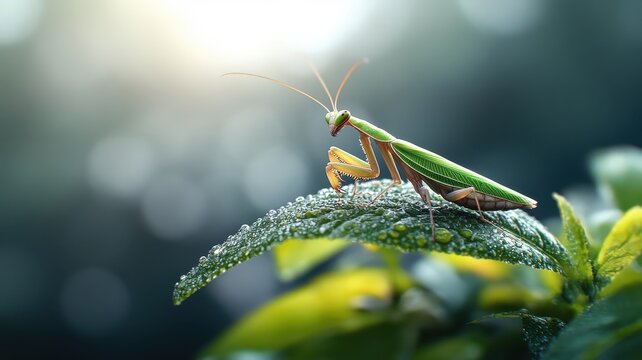 Close-up of praying mantis on green leaf, ready to hunt.