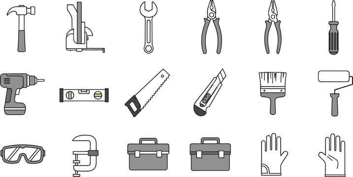 Construction tools and repair equipment flat icon set with handyman maintenance symbols