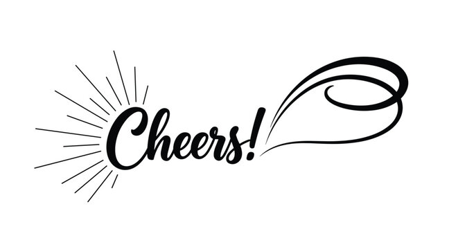 Elegant black script calligraphy of the word cheers with a decorative flourish element is presented on a clean white background.