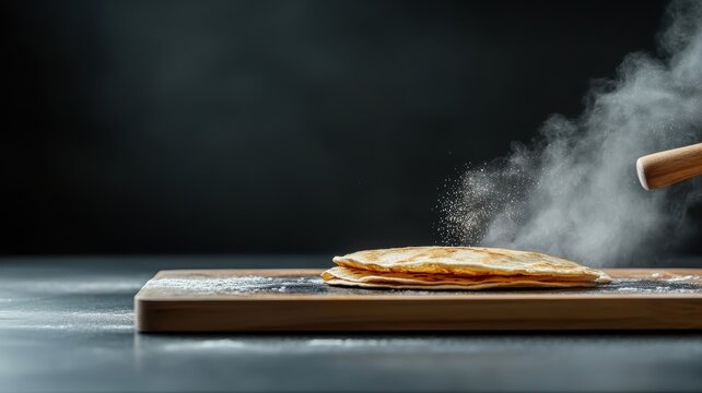 Dosa being flipped on griddle, steam rising, chiaroscuro lighting.