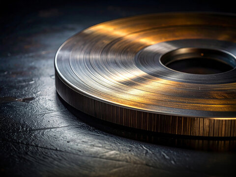 CNC machine metal disc component rests on workspace. Industry hyperautomation produces hardware. Factory robotics technology manufactures engineering machinery parts.
