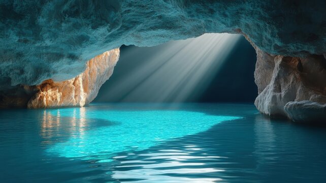 Hidden grotto pool illuminated by sunlight, creating a mysterious atmosphere.