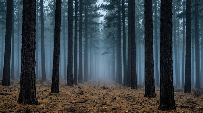 Misty forest path lined with tall pine trees pine needles outdoors atmospheric perspective landscape wilderness