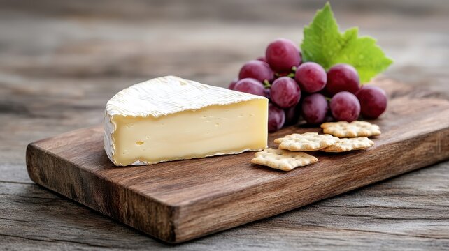 Single brie wedge, grapes, and crackers on rustic wooden board.