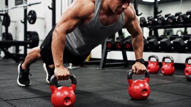 Strong man doing push-ups with kettlebells in modern gym
