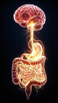 Brain gut intestine stomach digestive system nervous system gut brain axis communication link concept glowing anatomy illustration showing brain connected to stomach intestine, nerve neuron