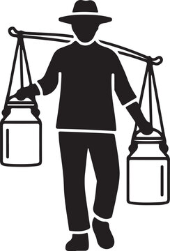 Black silhouette of a man carrying two milk cans on a yoke