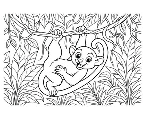 Cute little lemur hanging from a tree branch in a tropical jungle, line art vector illustration. © Farida