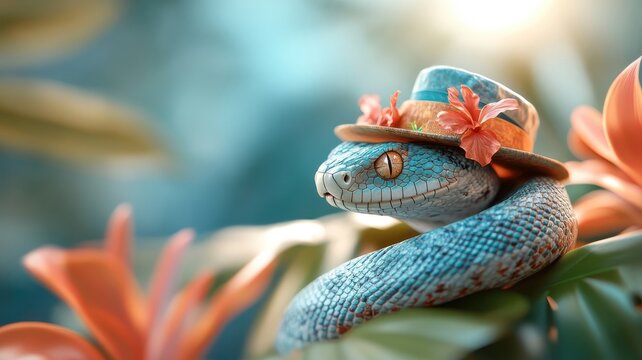 A snake with a colorful hat coiled around a vibrant tropical tree.