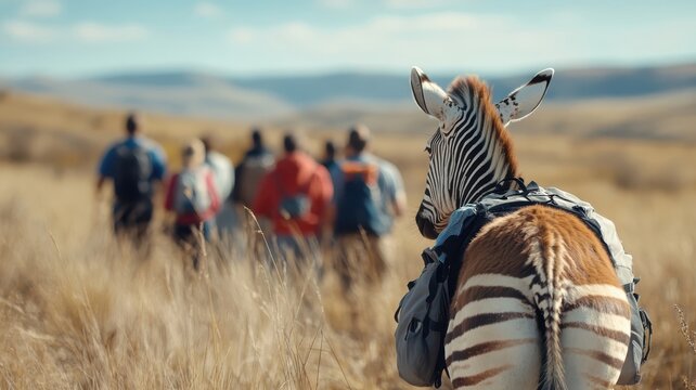 Zebra interacting with diverse people in a natural setting, showcasing the awe and connection between wildlife and humans.