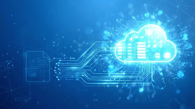 Cloud computing data storage blue background digital network server icon technology concept abstract cloud service center internet connection secure file transfer cloud data management