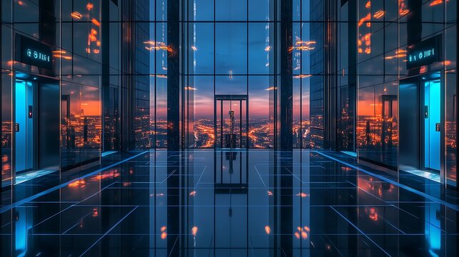 Elegant skyscraper lobby with glowing blue elevators and a vast cityscape at dusk, symbolizing progress and connectivity.