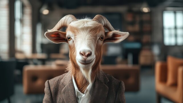 A goat in a stylish business suit confidently standing in a modern office, exuding professionalism and charm.