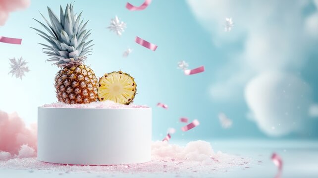Snow podium with swirling confetti and a pineapple in a wintry scene.