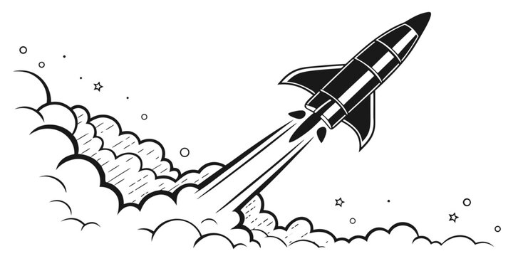 Space rocket launching diagonally with trailing smoke clouds and stars vector style graphic lift off exploration astronomy technology innovation discovery engineering propulsion illustration
