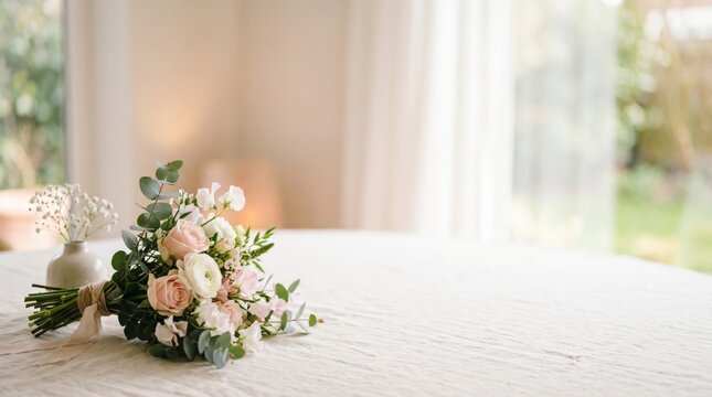 Sustainable elopement bridal bouquet with pink roses and eucalyptus on white linen table