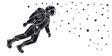 Astronaut floating in outer space with stars and celestial background minimalist black and white vector illustration astronaut universe spaceman exploration floating astronomy cosmonaut © RABBYMIA