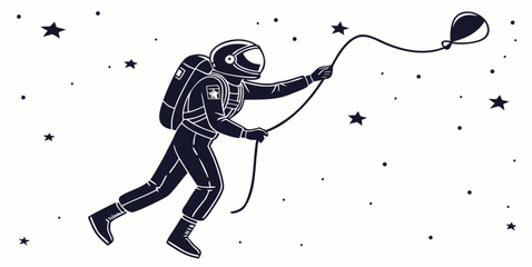 Astronaut walking in space holding a balloon string minimalist black and white vector illustration astronaut spaceman universe exploration astronomy floating childhood cosmonaut astrophysics © RABBYMIA