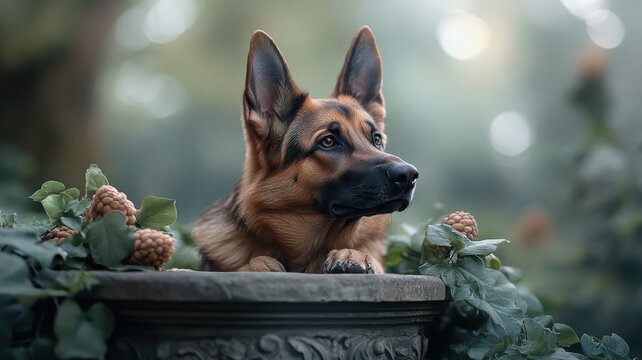 A German Shepherd on a podium set in a magical fairytale forest with whimsical surroundings.