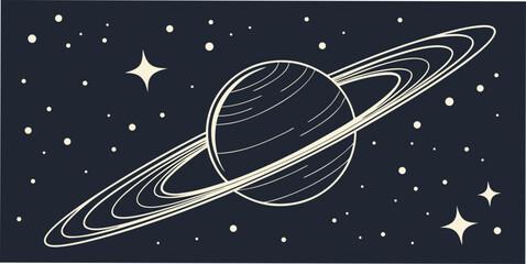 Line art illustration of saturn with rings in deep space astronomy universe celestial exploration astrology illustration background © RABBYMIA