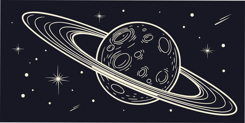 Stylized graphic of a ringed planet floating in starry space with astronomy universe celestial exploration illustration background monochrome minimalist planetary discovery infinite © RABBYMIA