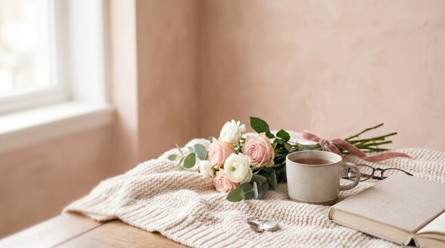 Romantic slow living aesthetic with bouquet of roses, tea cup, and open book on knitted sweater