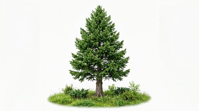 Isolated green pine tree with small bushes on white background isolated background evergreen woodland branches