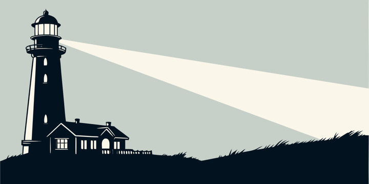 Silhouette graphic of a lighthouse beaming light across a coastal landscape with lighthouse silhouette nautical navigation maritime building architecture landscape outdoors landmark tranquil