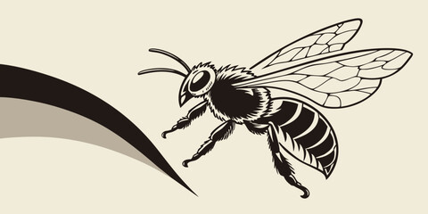 Detailed black and white insect illustration of a honey bee flying with wing movement and stylized graphic curves wildlife illustration stylized pollinator honeycomb honeybee creature stinging © RABBYMIA