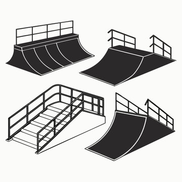 Set of isolated skate park ramp obstacles for extreme sports with obstacle halfpipe collection quarterpipe equipment recreation activity training structure concrete silhouette facilities